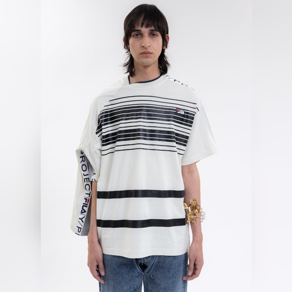 Grey And Ecru Y/Project x FILA Reversible Stipe T-Shirt - Picture 3 of 5